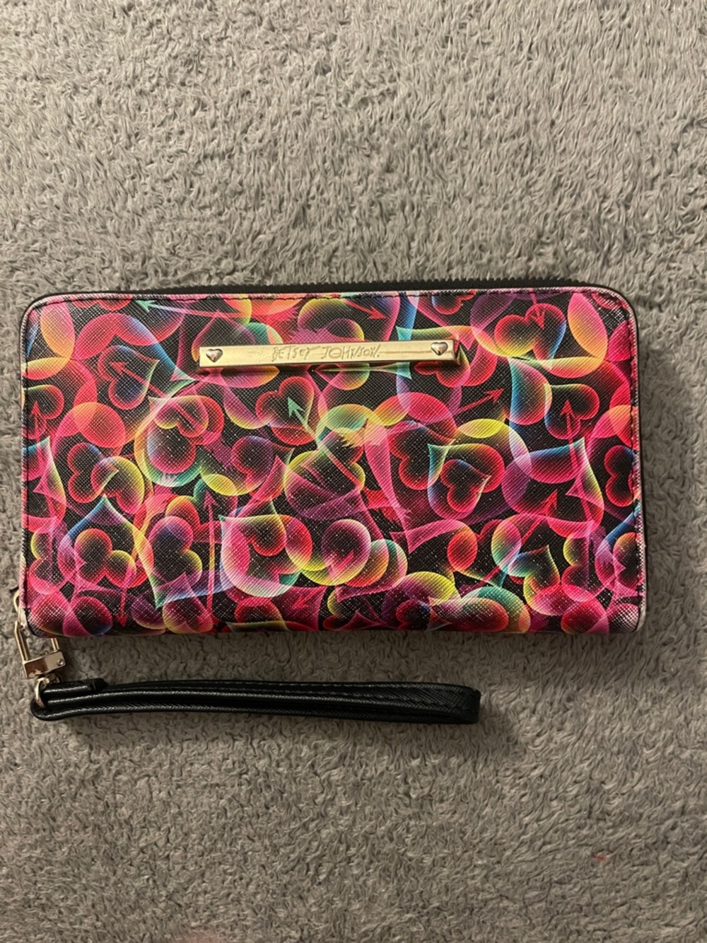 Betsey Johnson Pink Multi Rainbow Heart Zip-Around Large Wallet